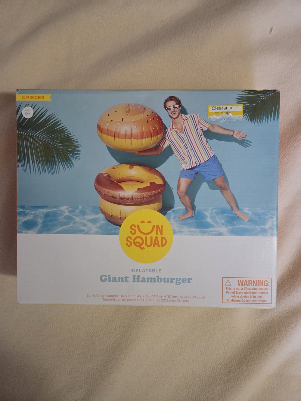 Sun Squad Inflatable Giant Hamburger Pool Float - Yellow & Brown